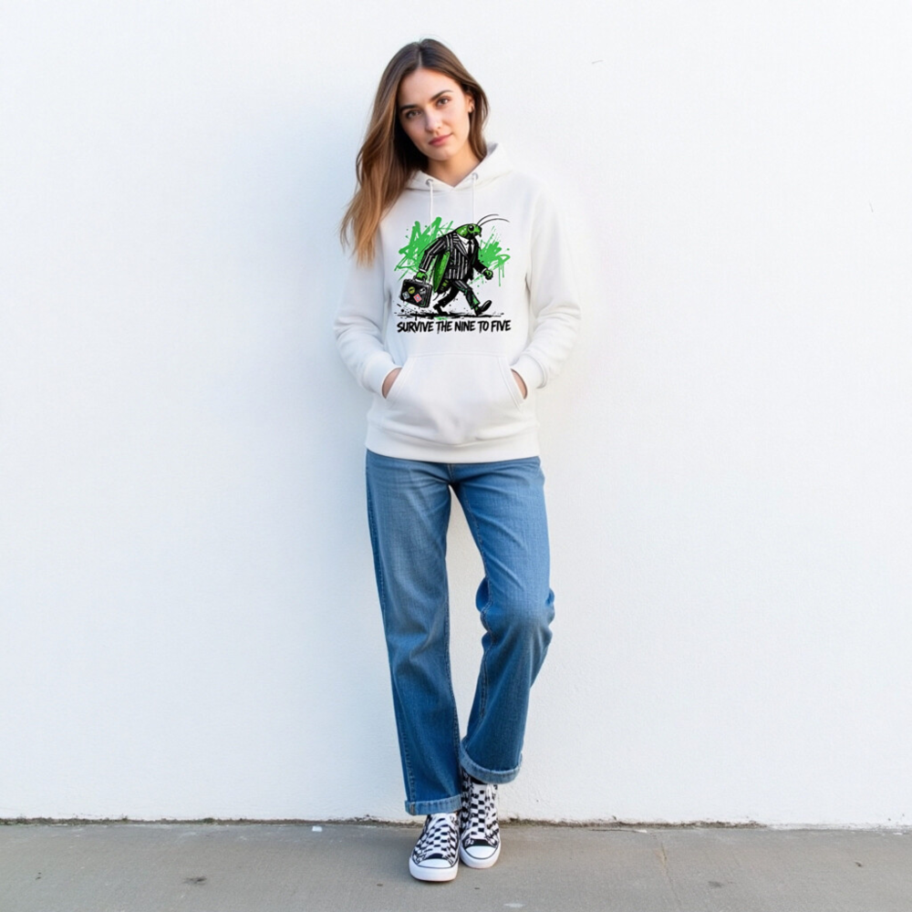 Unisex Premium Pullover Hoodie - Green Grasshopper in Suit Walking with Briefcase | Survive the Nine to Five - Image 3
