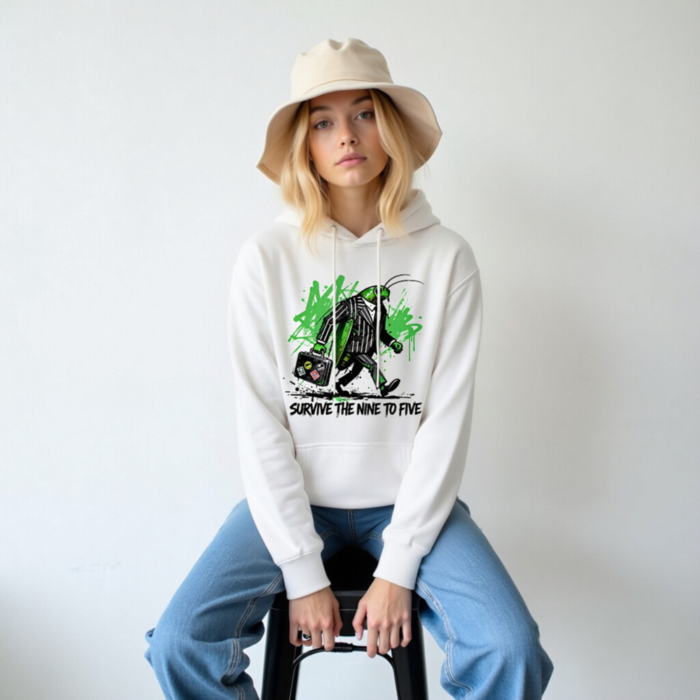 Unisex Premium Pullover Hoodie - Green Grasshopper in Suit Walking with Briefcase | Survive the Nine to Five - Image 6