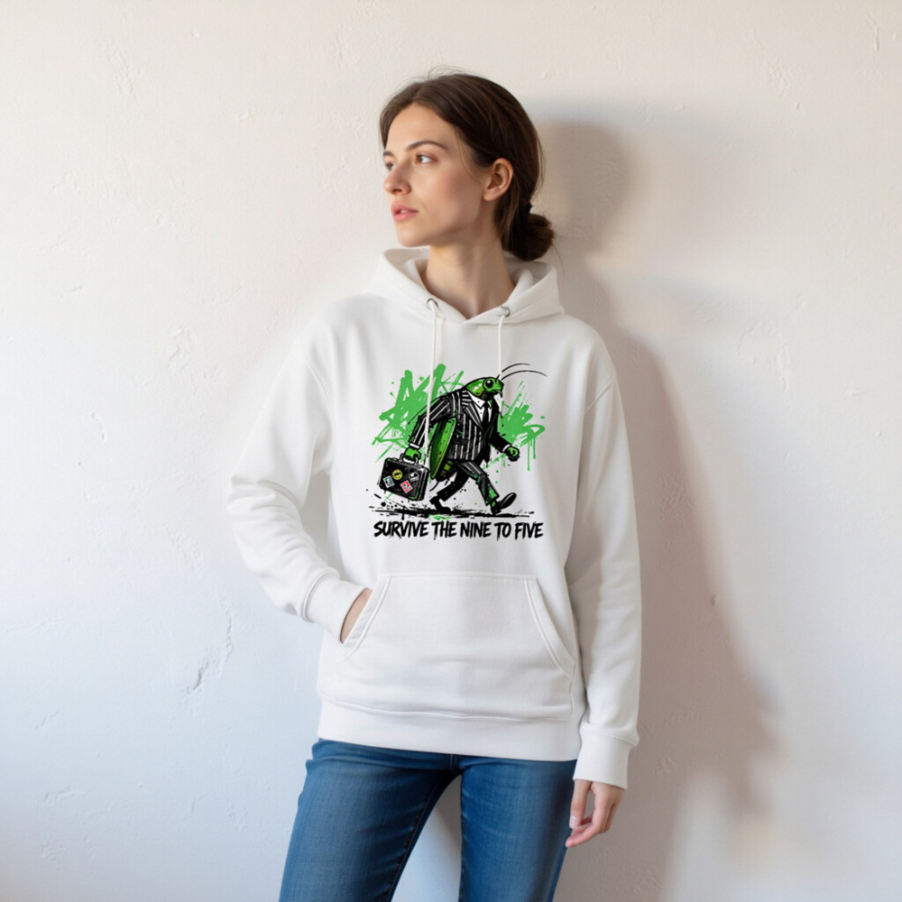 Unisex Premium Pullover Hoodie - Green Grasshopper in Suit Walking with Briefcase | Survive the Nine to Five - Image 7