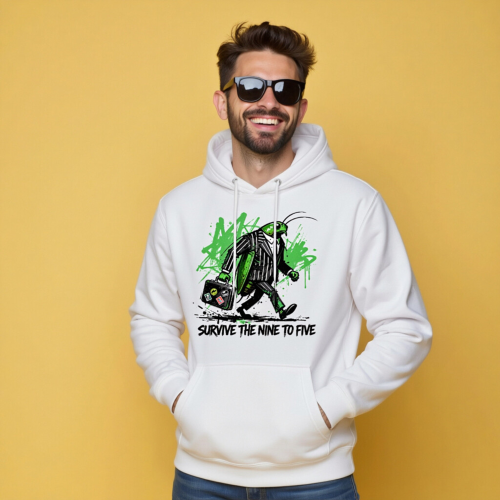 Unisex Premium Pullover Hoodie - Green Grasshopper in Suit Walking with Briefcase | Survive the Nine to Five - Image 8