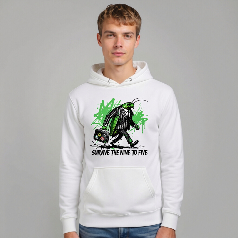 Unisex Premium Pullover Hoodie - Green Grasshopper in Suit Walking with Briefcase | Survive the Nine to Five - Image 10