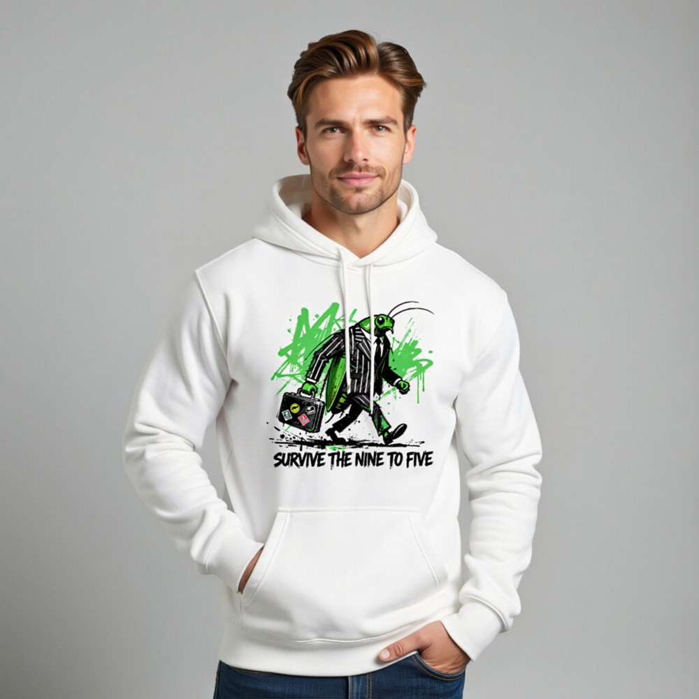 Unisex Premium Pullover Hoodie - Green Grasshopper in Suit Walking with Briefcase | Survive the Nine to Five - Image 11