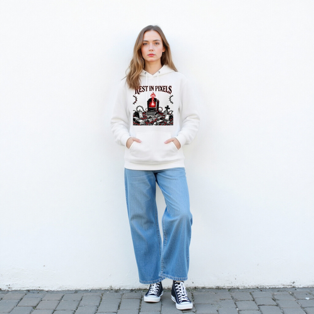 Rest in Pixels Unisex Premium Pullover Hoodie - Gothic Tech Graveyard Design - Image 4