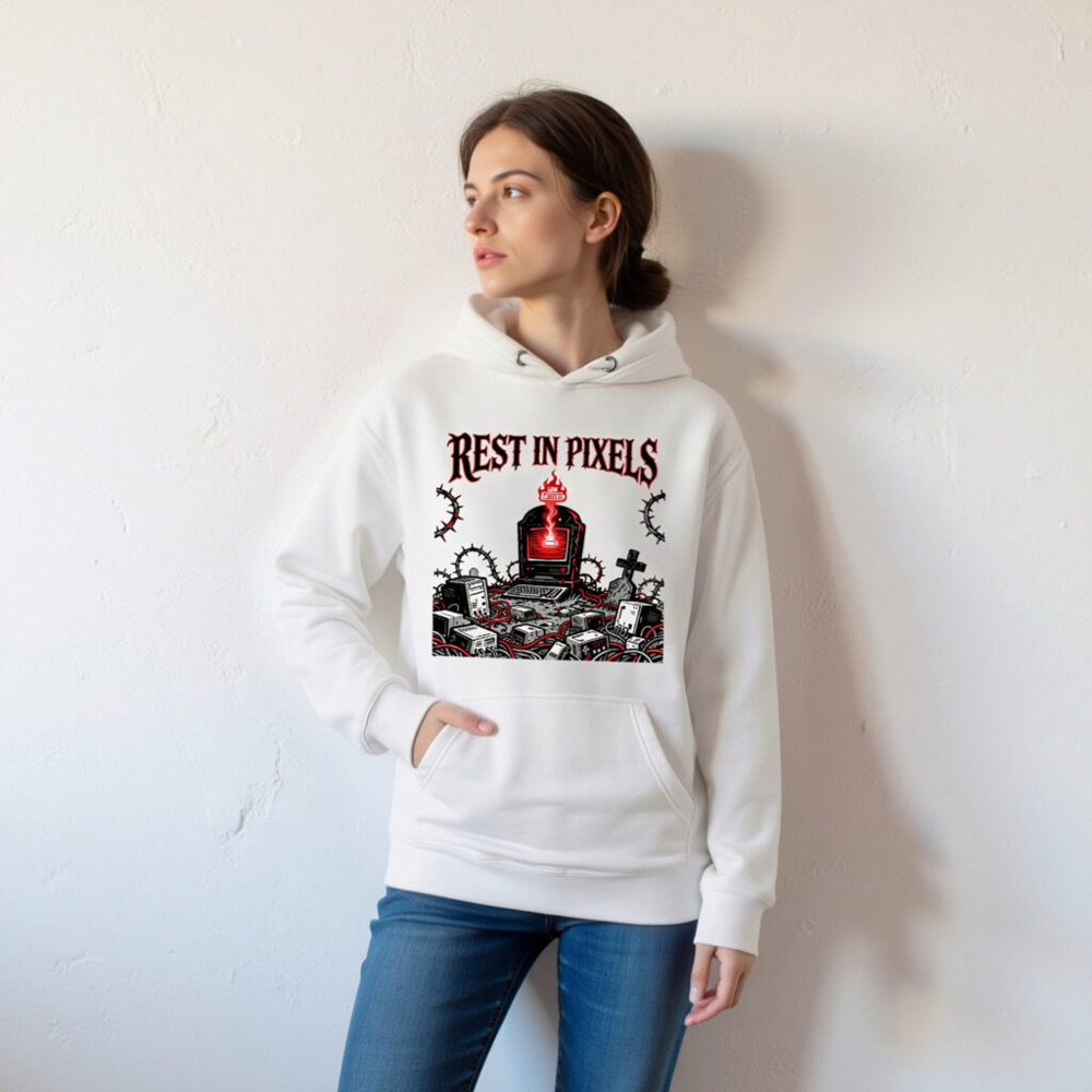 Rest in Pixels Unisex Premium Pullover Hoodie - Gothic Tech Graveyard Design - Image 7