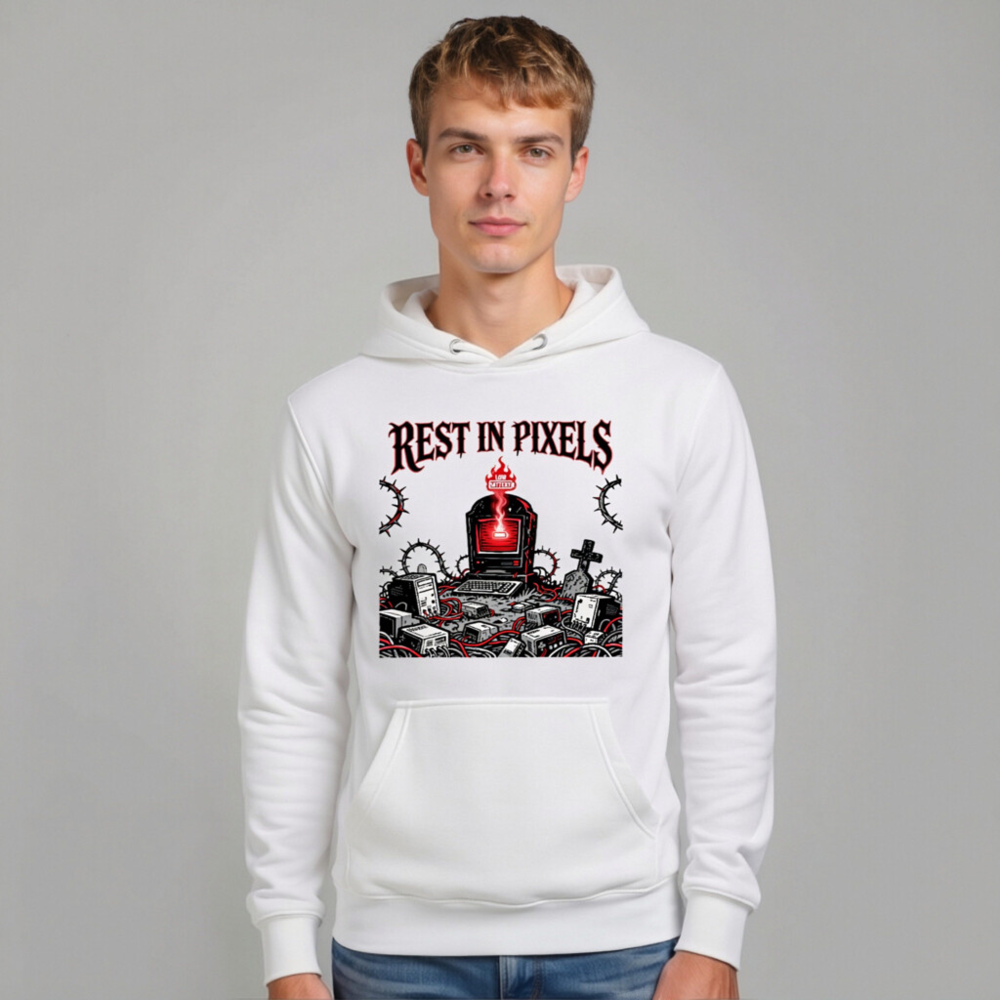 Rest in Pixels Unisex Premium Pullover Hoodie - Gothic Tech Graveyard Design - Image 10