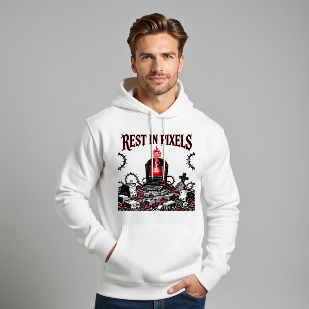 Rest in Pixels Unisex Premium Pullover Hoodie - Gothic Tech Graveyard Design - Image 11