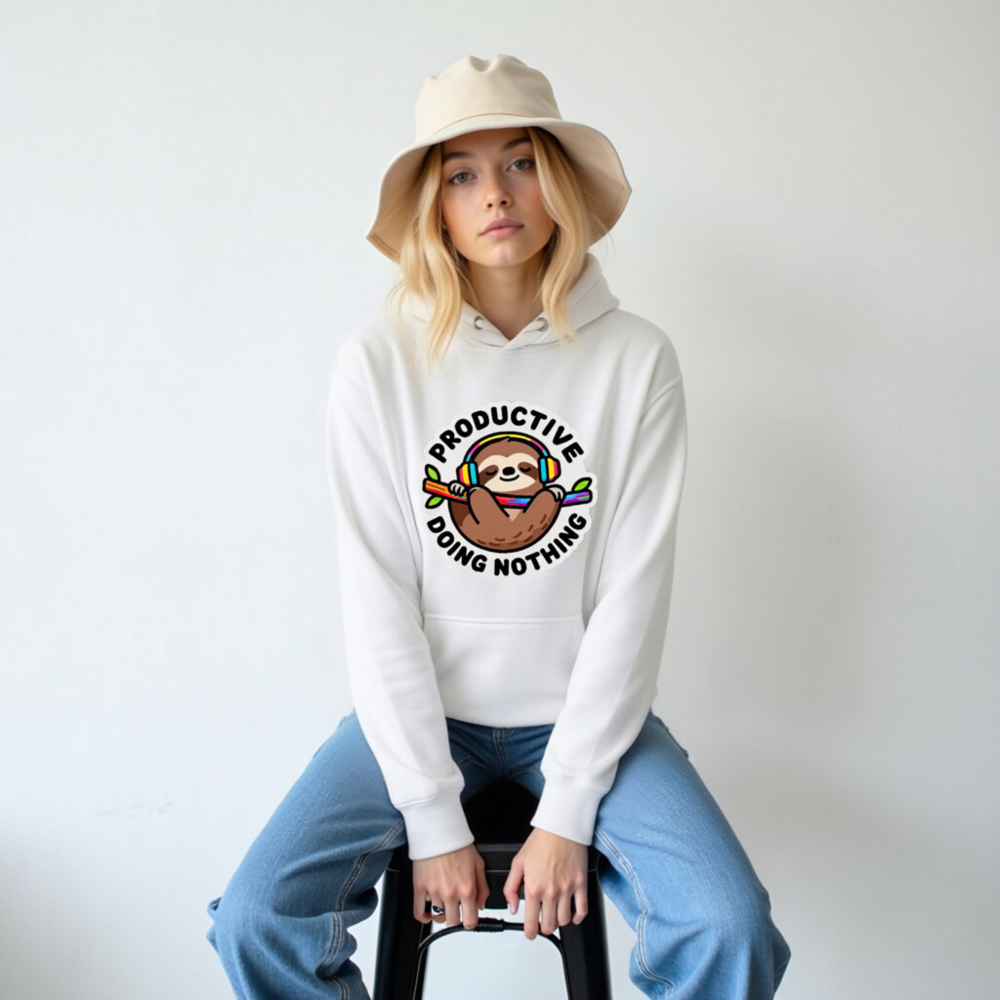 Unisex Premium Pullover Hoodie - Productive Doing Nothing Sloth with Rainbow Headphones - Image 6
