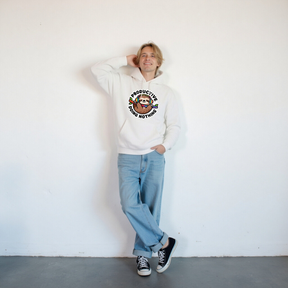 Unisex Premium Pullover Hoodie - Productive Doing Nothing Sloth with Rainbow Headphones - Image 9