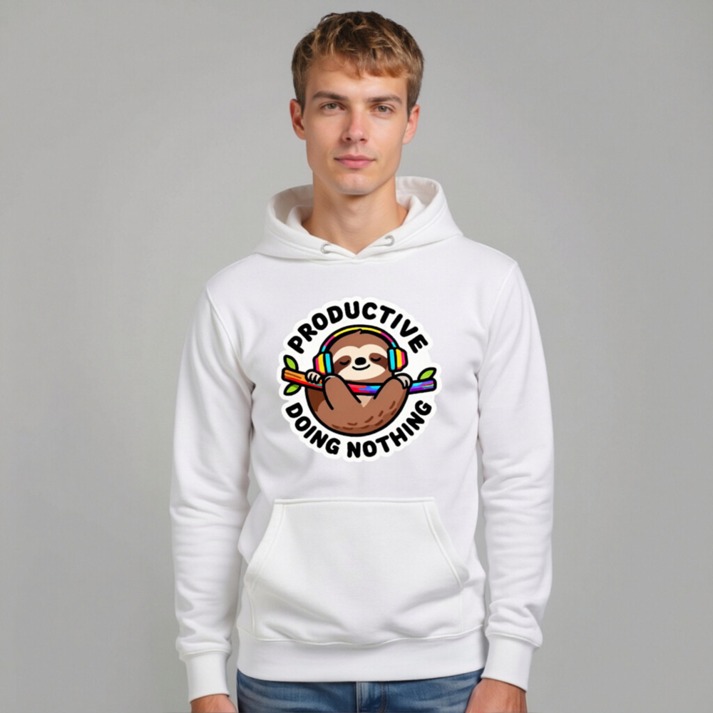 Unisex Premium Pullover Hoodie - Productive Doing Nothing Sloth with Rainbow Headphones - Image 10