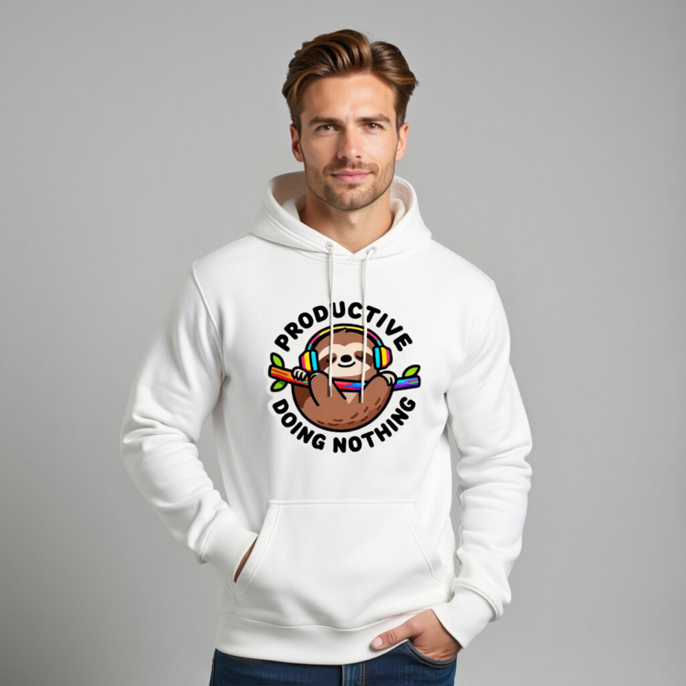 Unisex Premium Pullover Hoodie - Productive Doing Nothing Sloth with Rainbow Headphones - Image 11