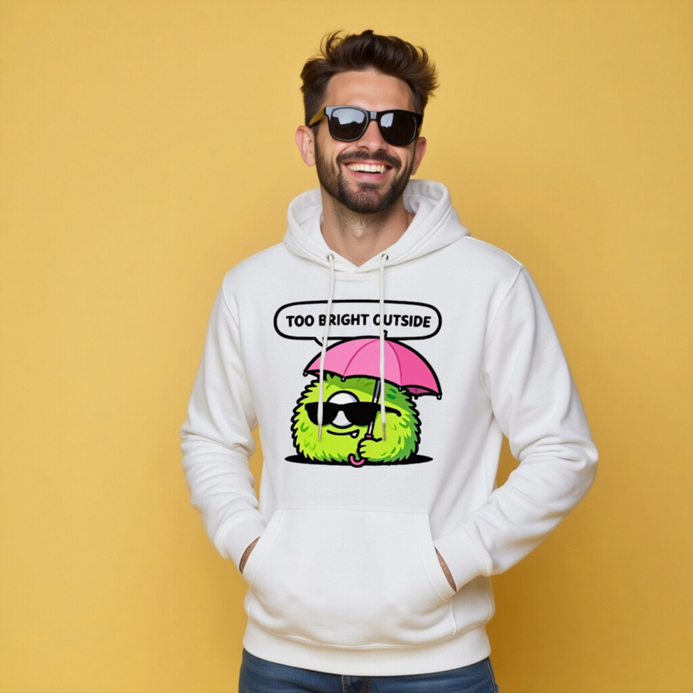 Unisex Premium Pullover Hoodie - 'Too Bright Outside' Green Monster with Pink Umbrella - Image 8