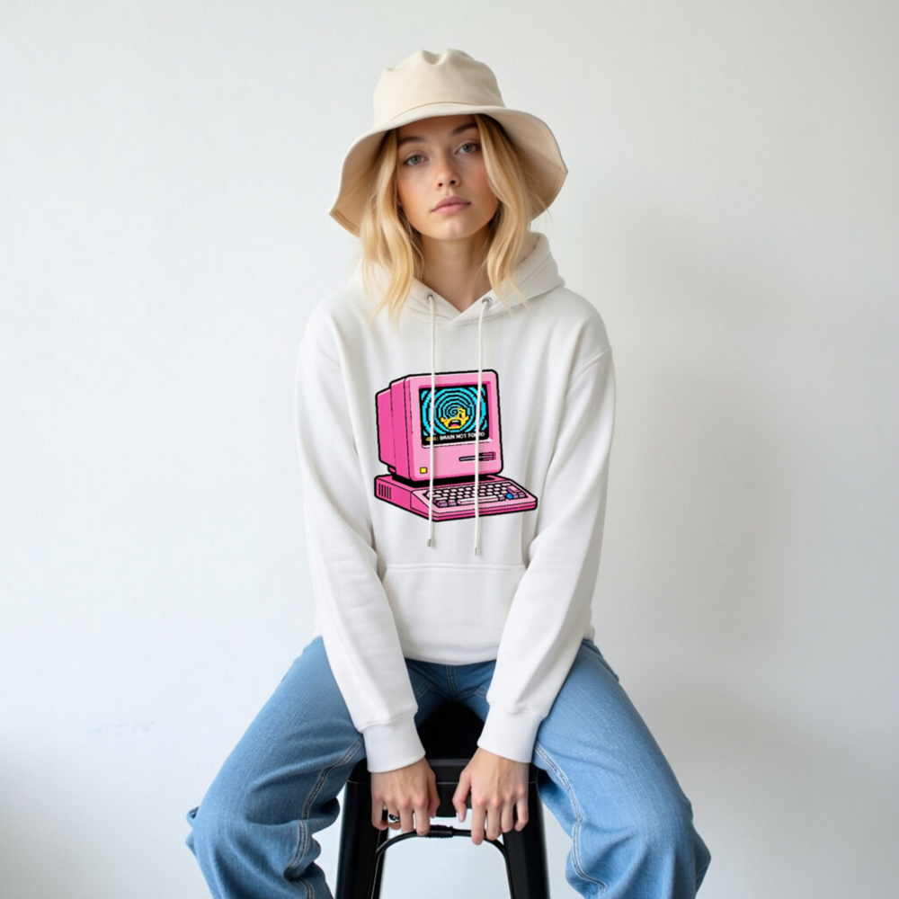 Pink Retro Computer Hoodie | Unisex Premium Pullover Hoodie 404 Brain Not Found - Image 6