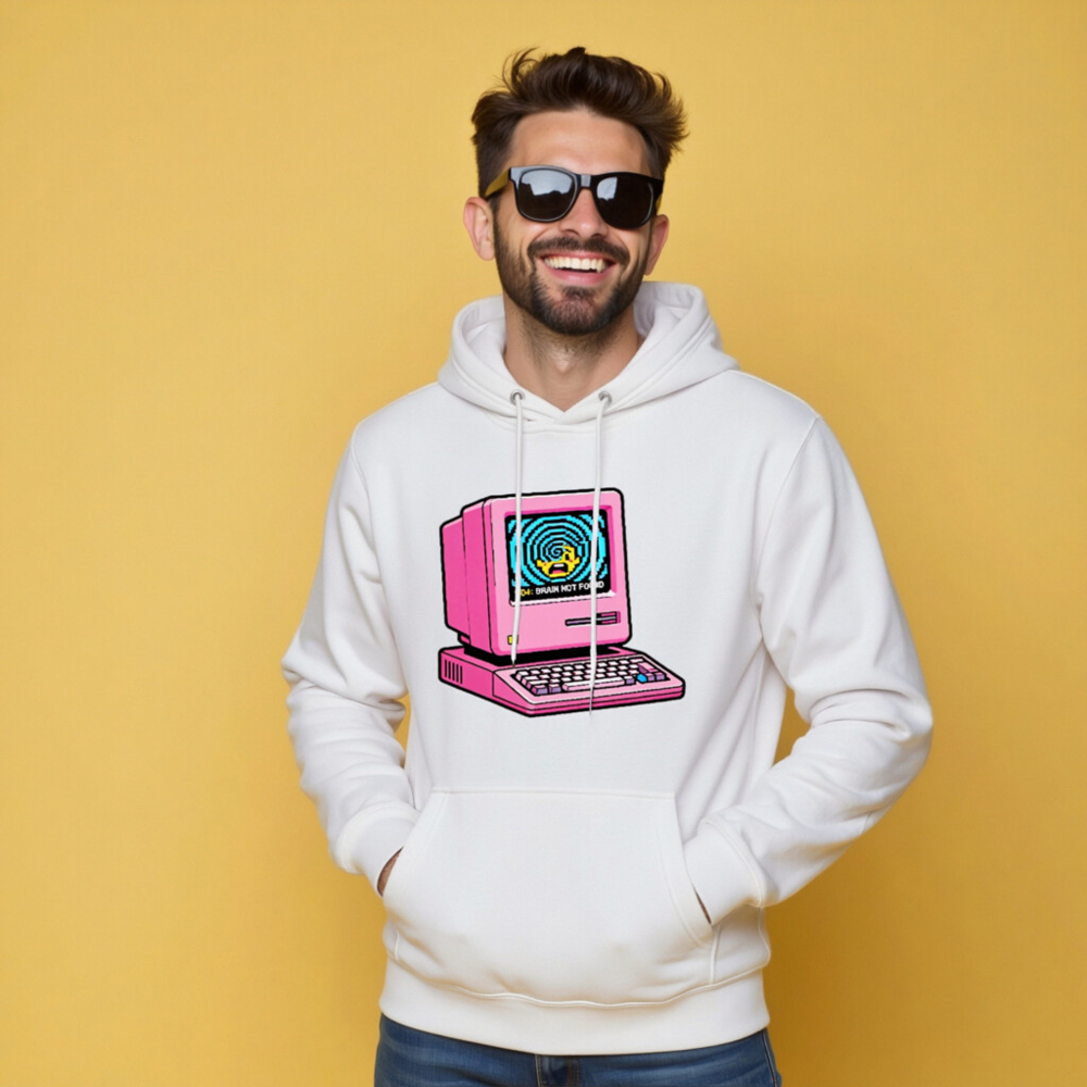 Pink Retro Computer Hoodie | Unisex Premium Pullover Hoodie 404 Brain Not Found - Image 8