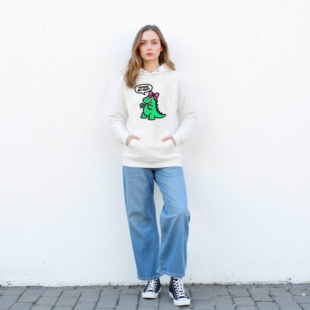 Unisex Premium Pullover Hoodie - Green Dino with Pink Bow, 'Trying My Best' Speech Bubble - Image 4