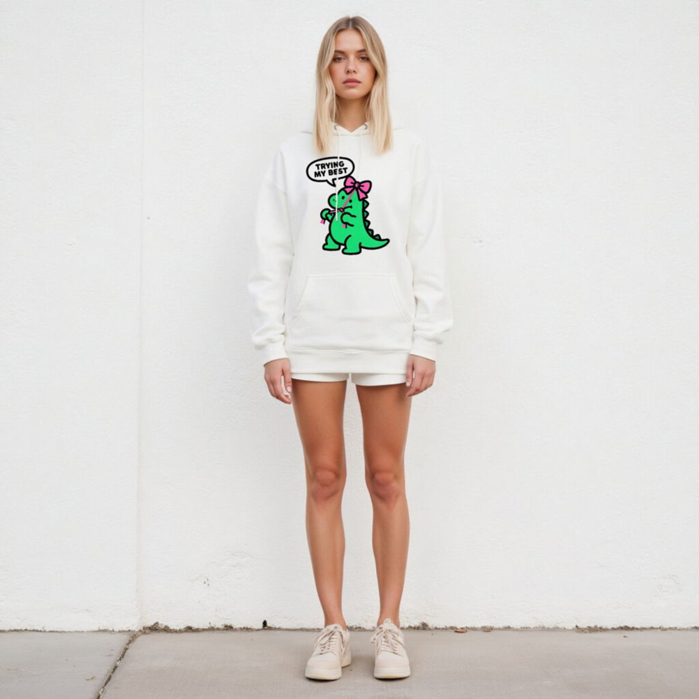 Unisex Premium Pullover Hoodie - Green Dino with Pink Bow, 'Trying My Best' Speech Bubble - Image 5