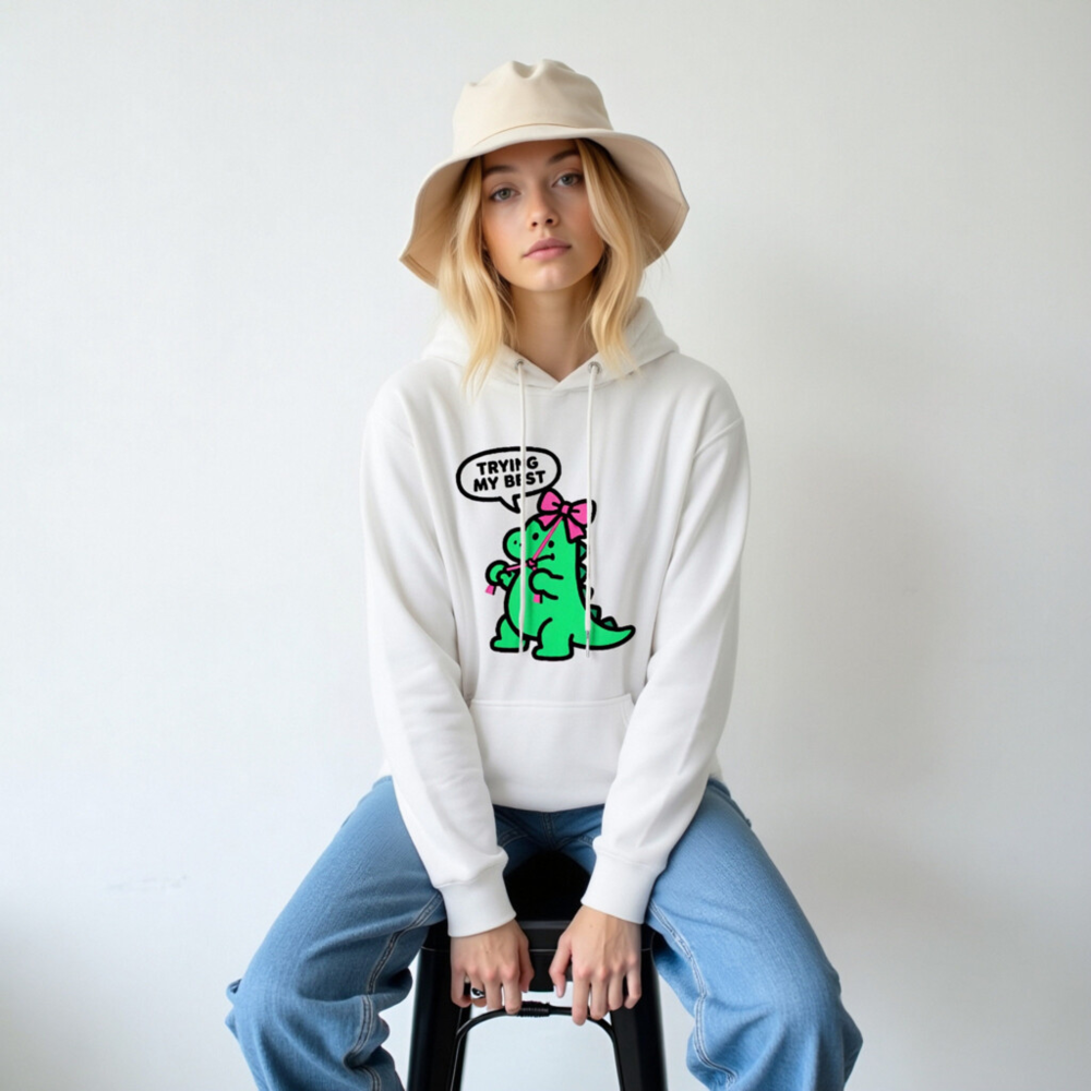 Unisex Premium Pullover Hoodie - Green Dino with Pink Bow, 'Trying My Best' Speech Bubble - Image 6