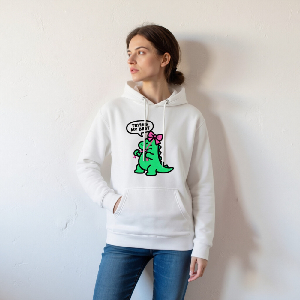 Unisex Premium Pullover Hoodie - Green Dino with Pink Bow, 'Trying My Best' Speech Bubble - Image 7