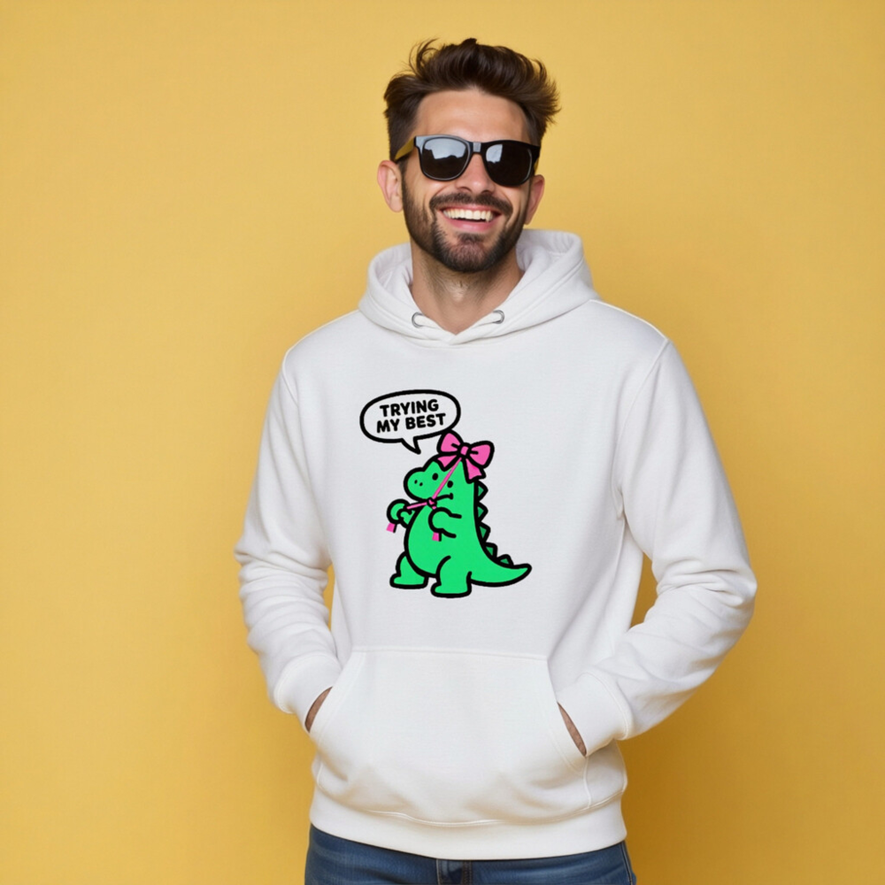 Unisex Premium Pullover Hoodie - Green Dino with Pink Bow, 'Trying My Best' Speech Bubble - Image 8
