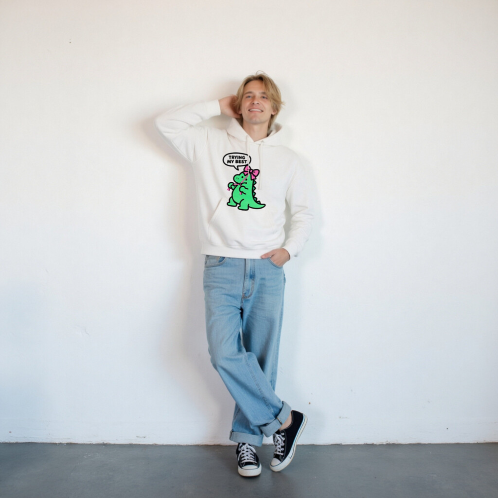 Unisex Premium Pullover Hoodie - Green Dino with Pink Bow, 'Trying My Best' Speech Bubble - Image 9