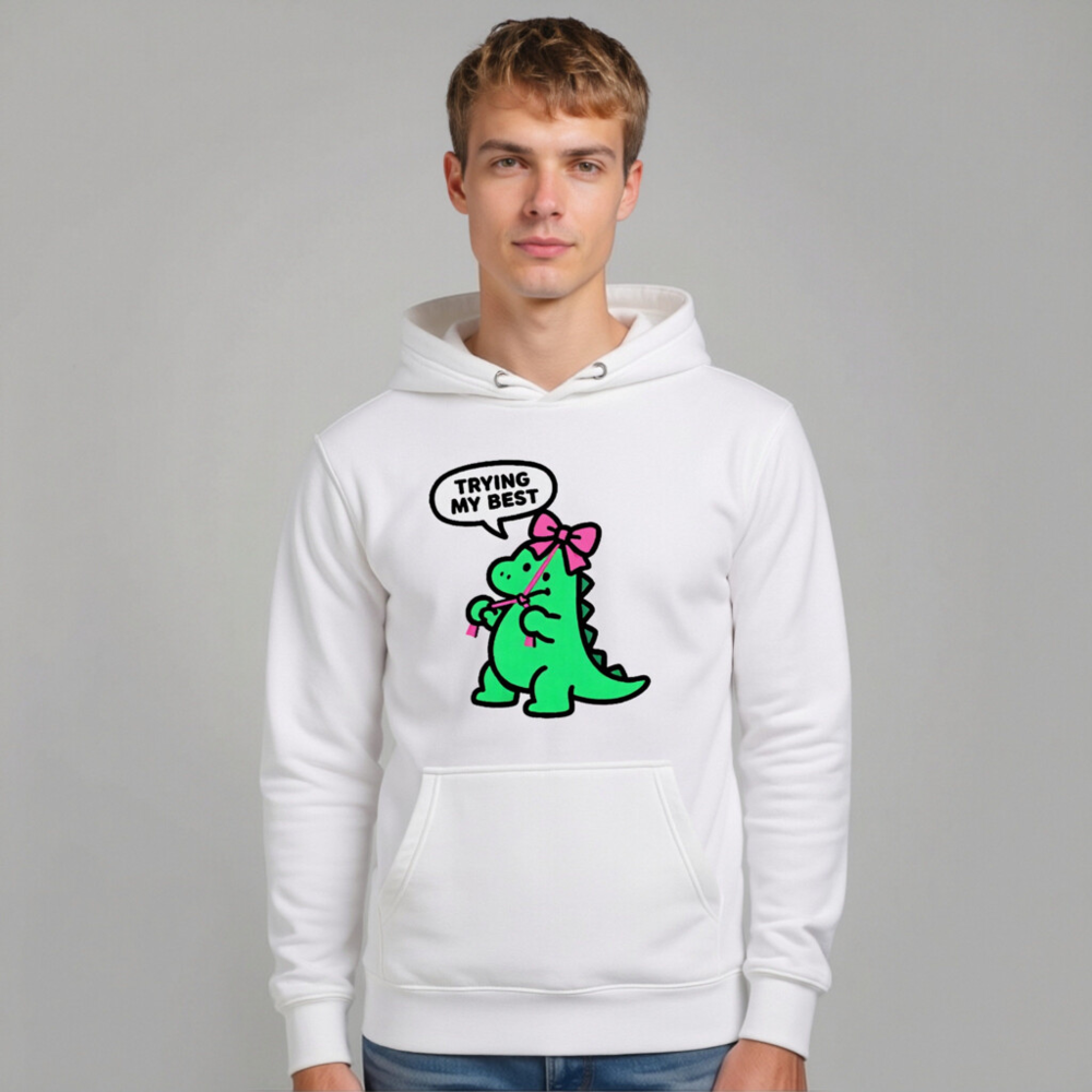 Unisex Premium Pullover Hoodie - Green Dino with Pink Bow, 'Trying My Best' Speech Bubble - Image 10