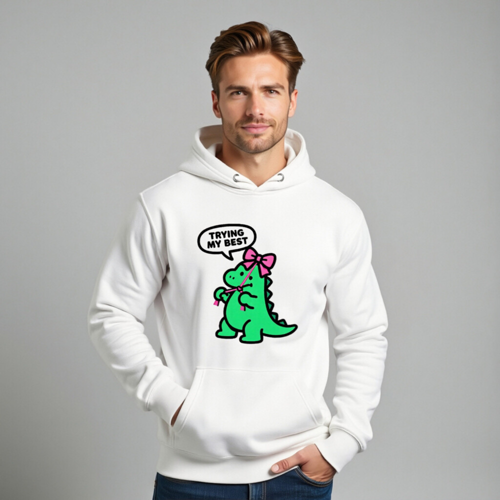 Unisex Premium Pullover Hoodie - Green Dino with Pink Bow, 'Trying My Best' Speech Bubble - Image 11