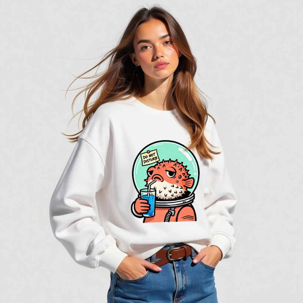 Unisex Organic Sweatshirt | Pufferfish Astronaut Drinking Blue Juice - Image 4