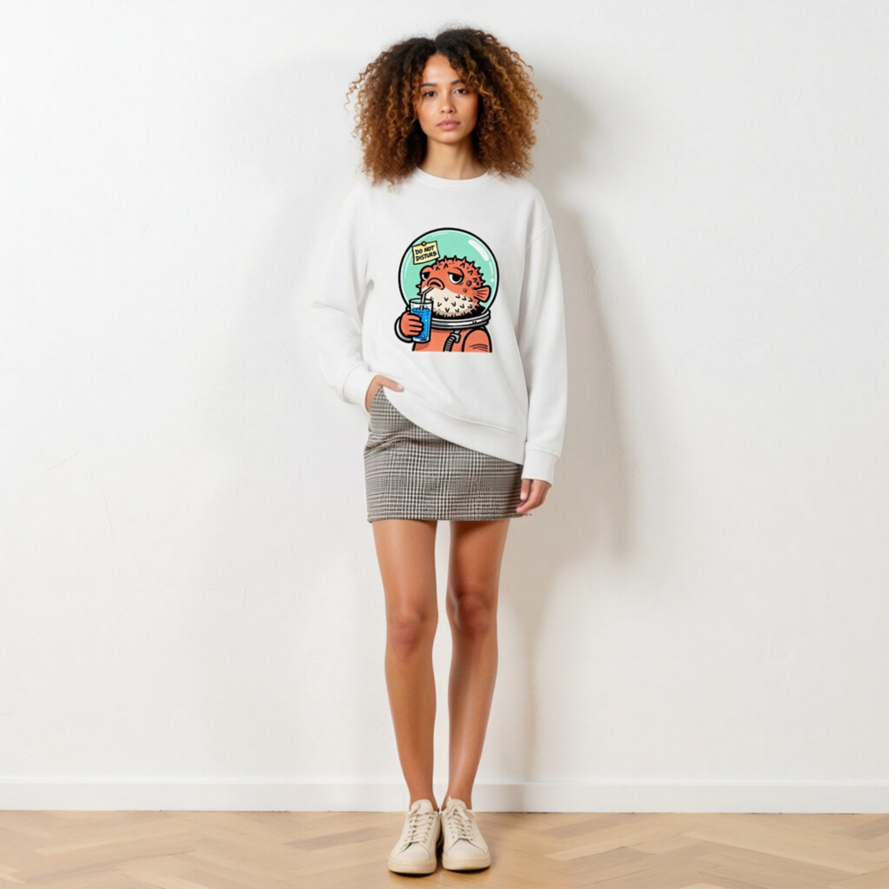 Unisex Organic Sweatshirt | Pufferfish Astronaut Drinking Blue Juice - Image 5