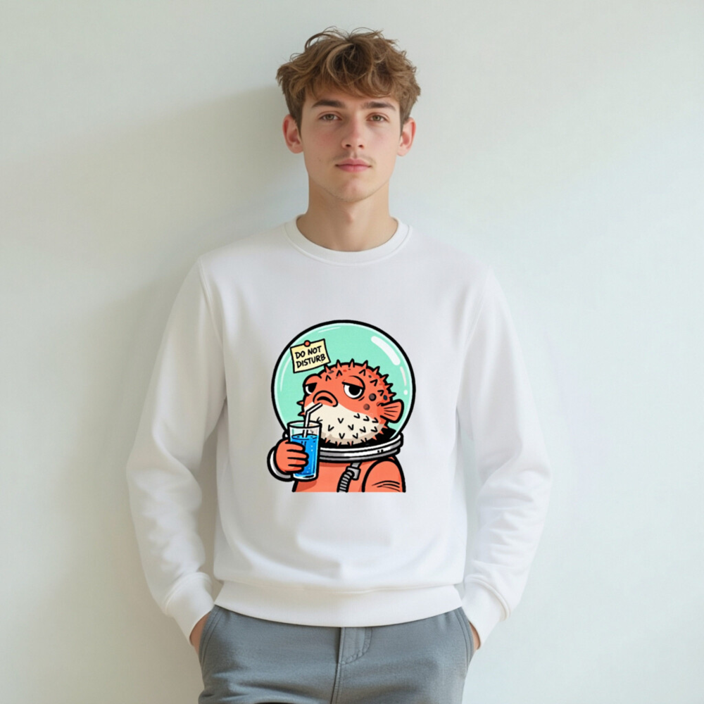 Unisex Organic Sweatshirt | Pufferfish Astronaut Drinking Blue Juice - Image 6