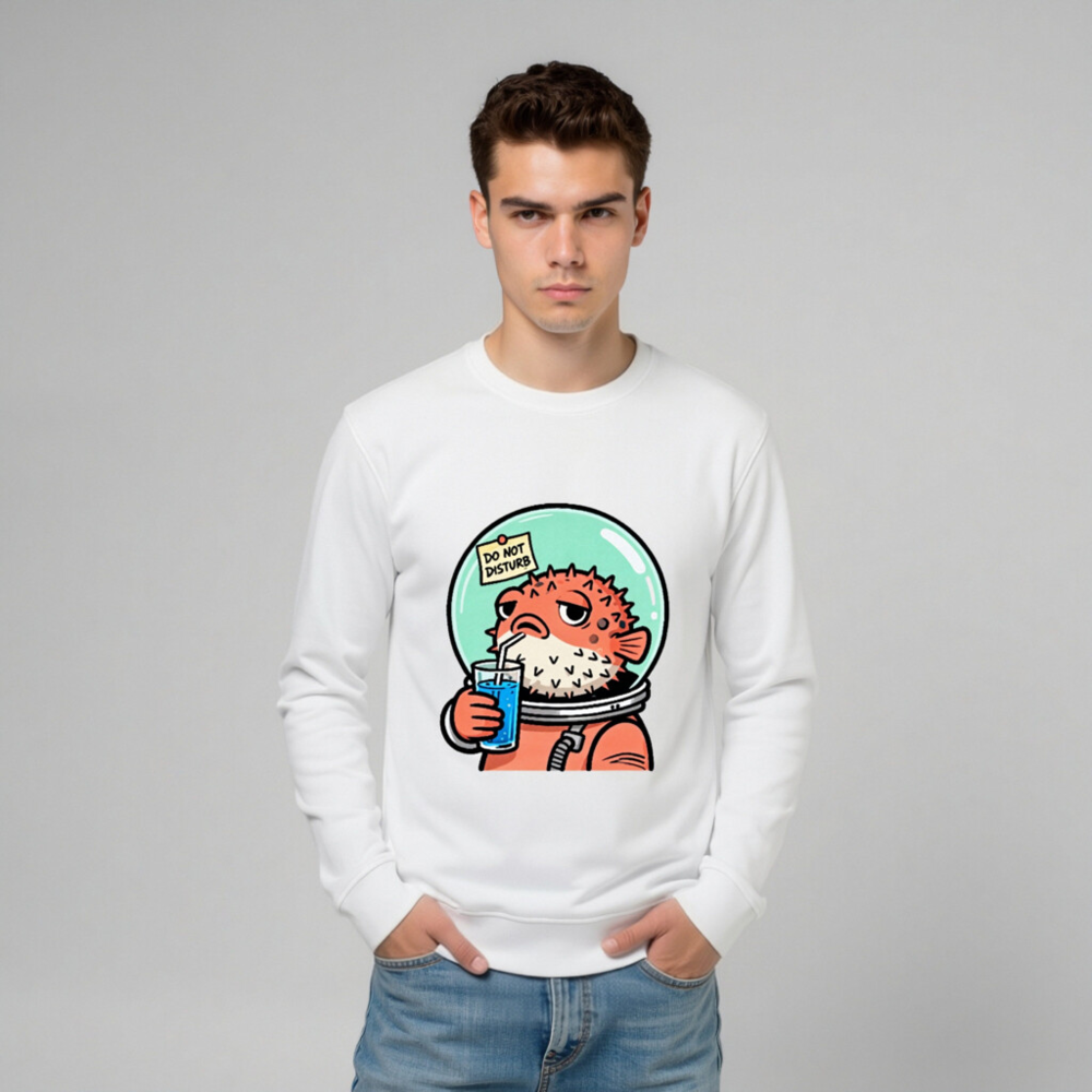 Unisex Organic Sweatshirt | Pufferfish Astronaut Drinking Blue Juice - Image 9