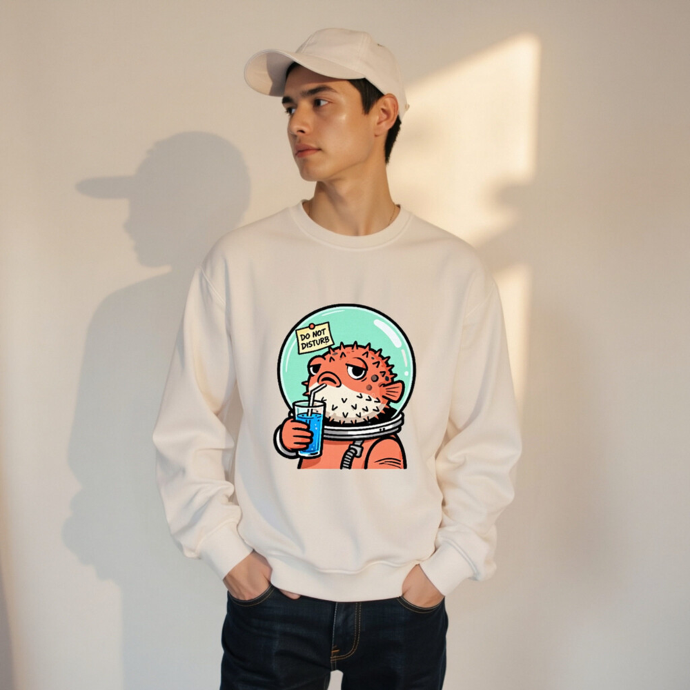 Unisex Organic Sweatshirt | Pufferfish Astronaut Drinking Blue Juice - Image 11