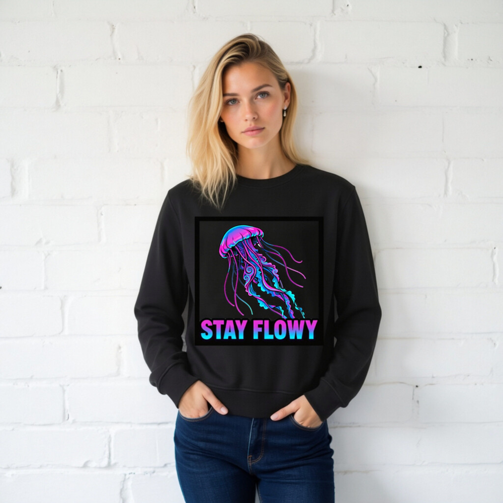 Unisex Organic Sweatshirt | Stay Flowy Jellyfish Design - Soft Eco-Friendly Crewneck - Image 2