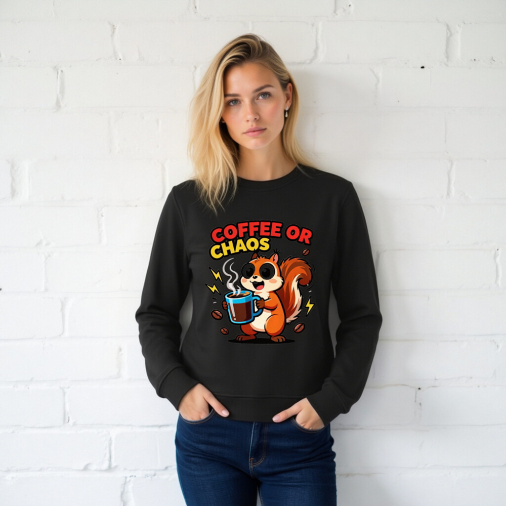 Coffee or Chaos Squirrel Organic Sweatshirt | Unisex Eco-Friendly Crewneck - Image 2