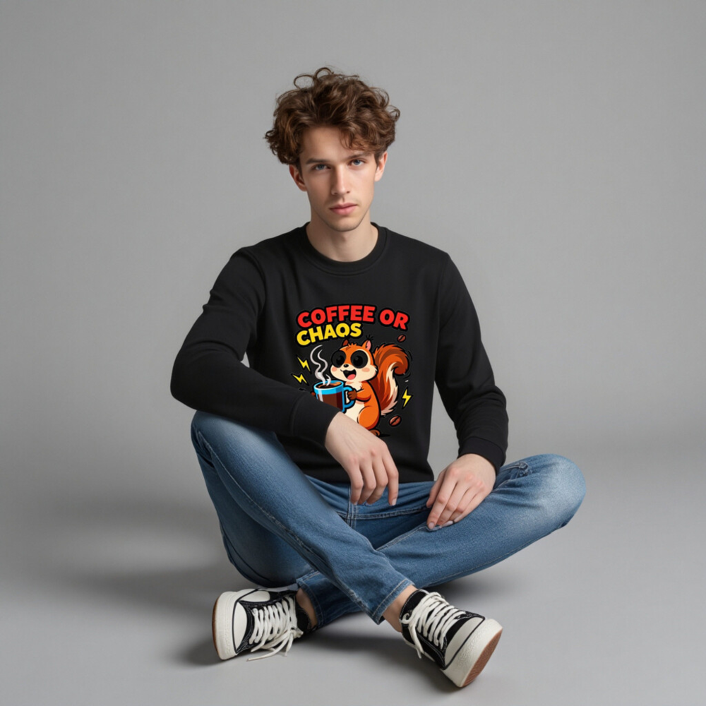 Coffee or Chaos Squirrel Organic Sweatshirt | Unisex Eco-Friendly Crewneck - Image 3