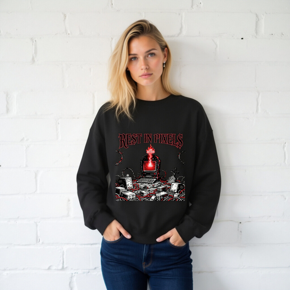 Rest in Pixels Unisex Crew Neck Sweatshirt | Gothic Tech Graveyard Design - Image 2