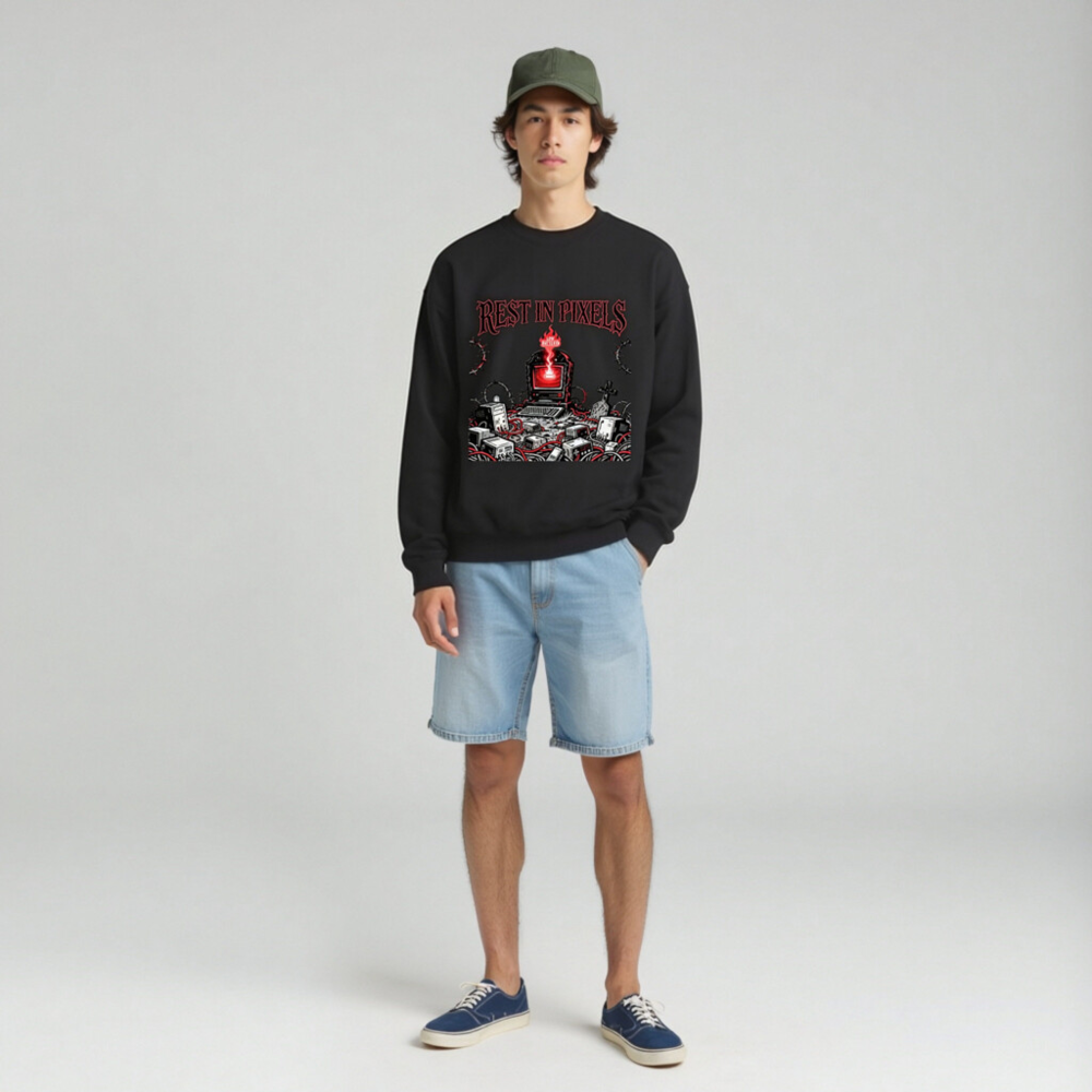 Rest in Pixels Unisex Crew Neck Sweatshirt | Gothic Tech Graveyard Design - Image 3