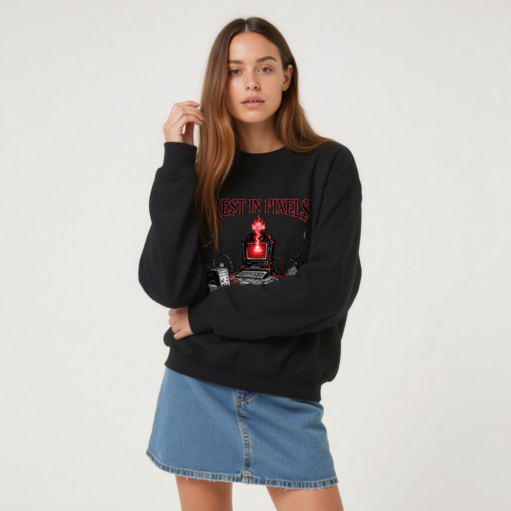 Rest in Pixels Unisex Crew Neck Sweatshirt | Gothic Tech Graveyard Design - Image 8