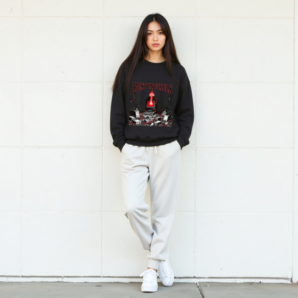 Rest in Pixels Unisex Crew Neck Sweatshirt | Gothic Tech Graveyard Design - Image 9