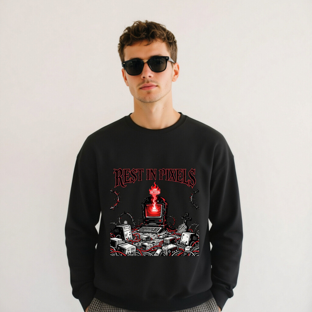 Rest in Pixels Unisex Crew Neck Sweatshirt | Gothic Tech Graveyard Design - Image 10