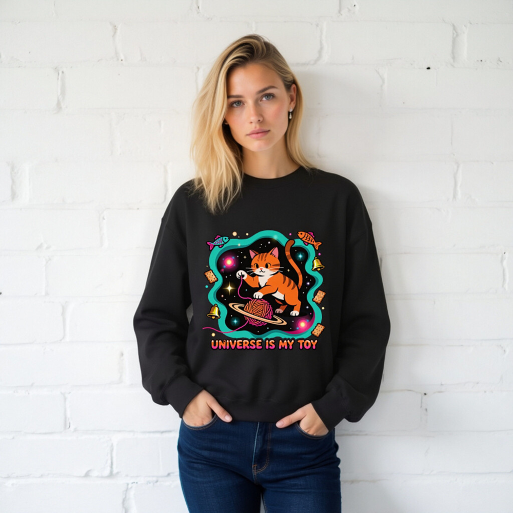 Unisex Crew Neck Sweatshirt - Universe Is My Toy Cat Design, Space Theme - Image 2