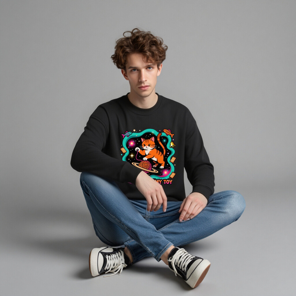 Unisex Crew Neck Sweatshirt - Universe Is My Toy Cat Design, Space Theme - Image 4