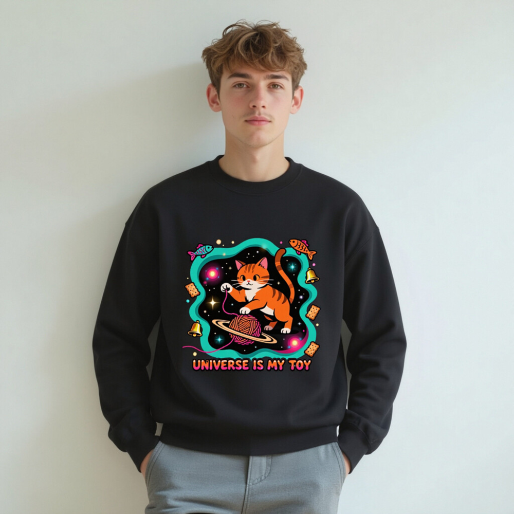 Unisex Crew Neck Sweatshirt - Universe Is My Toy Cat Design, Space Theme - Image 7