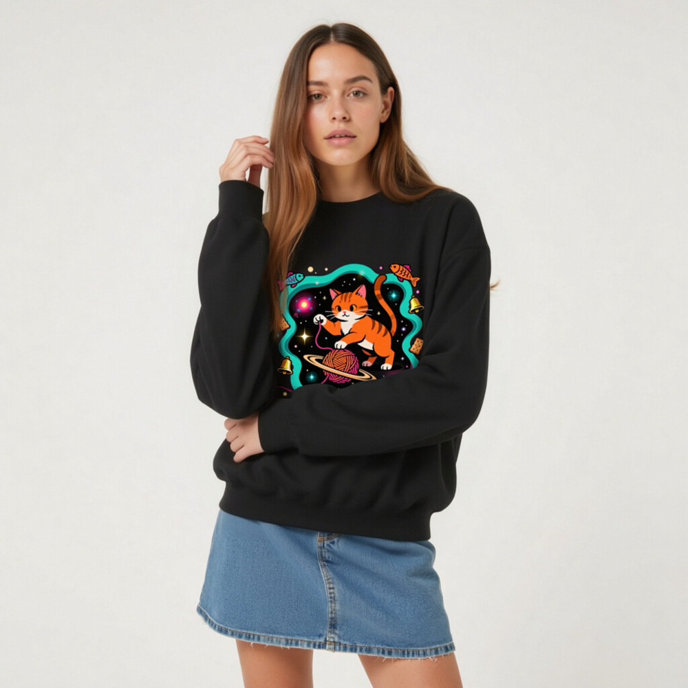 Unisex Crew Neck Sweatshirt - Universe Is My Toy Cat Design, Space Theme - Image 8