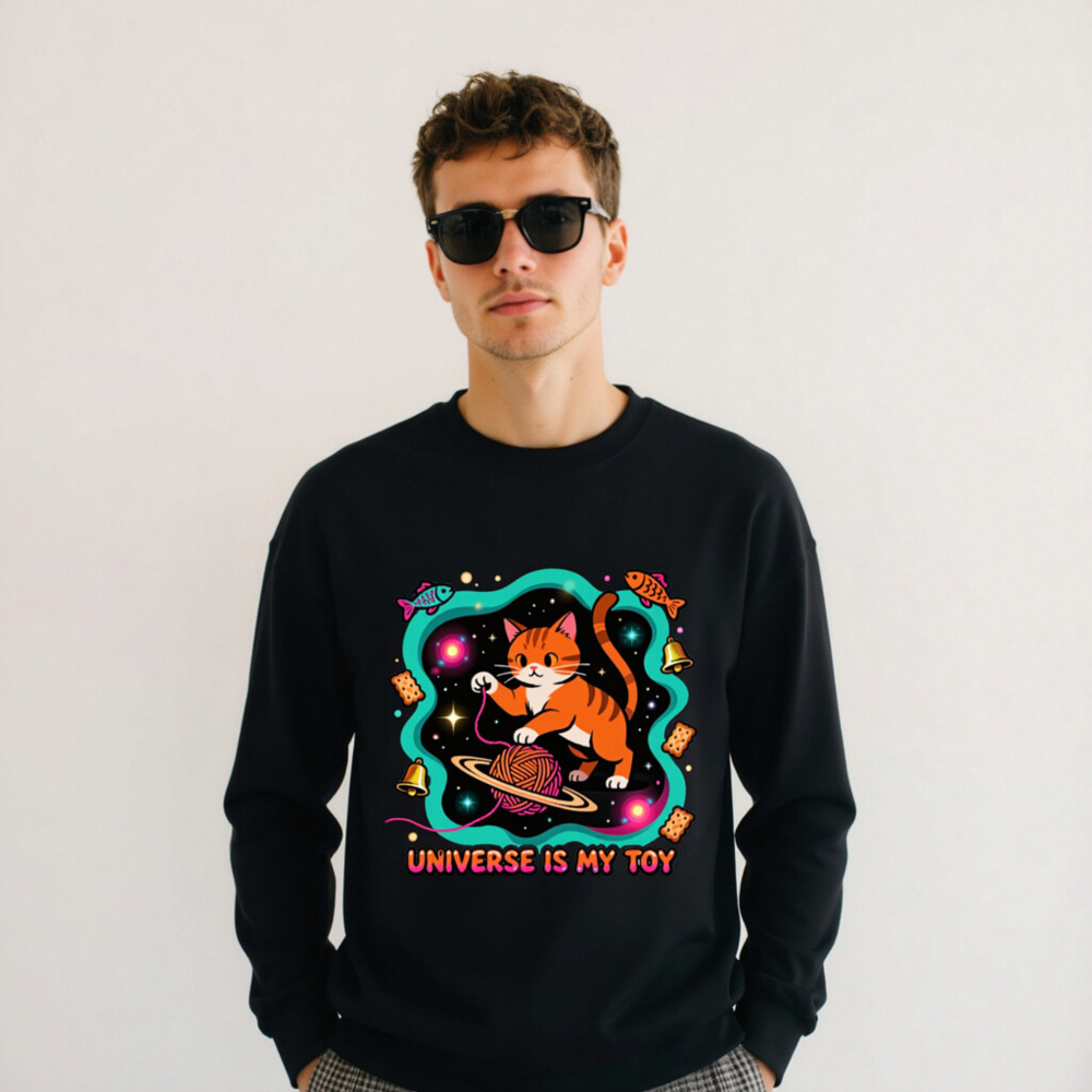 Unisex Crew Neck Sweatshirt - Universe Is My Toy Cat Design, Space Theme - Image 10