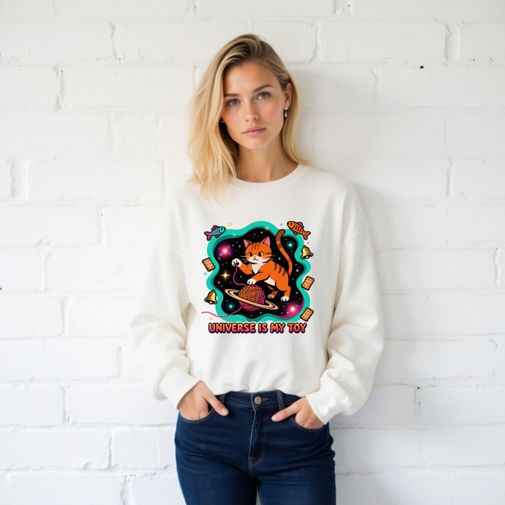 Unisex Crew Neck Sweatshirt - Universe Is My Toy Cat Design, Space Yarn Ball, Cosmic Fun - Image 2