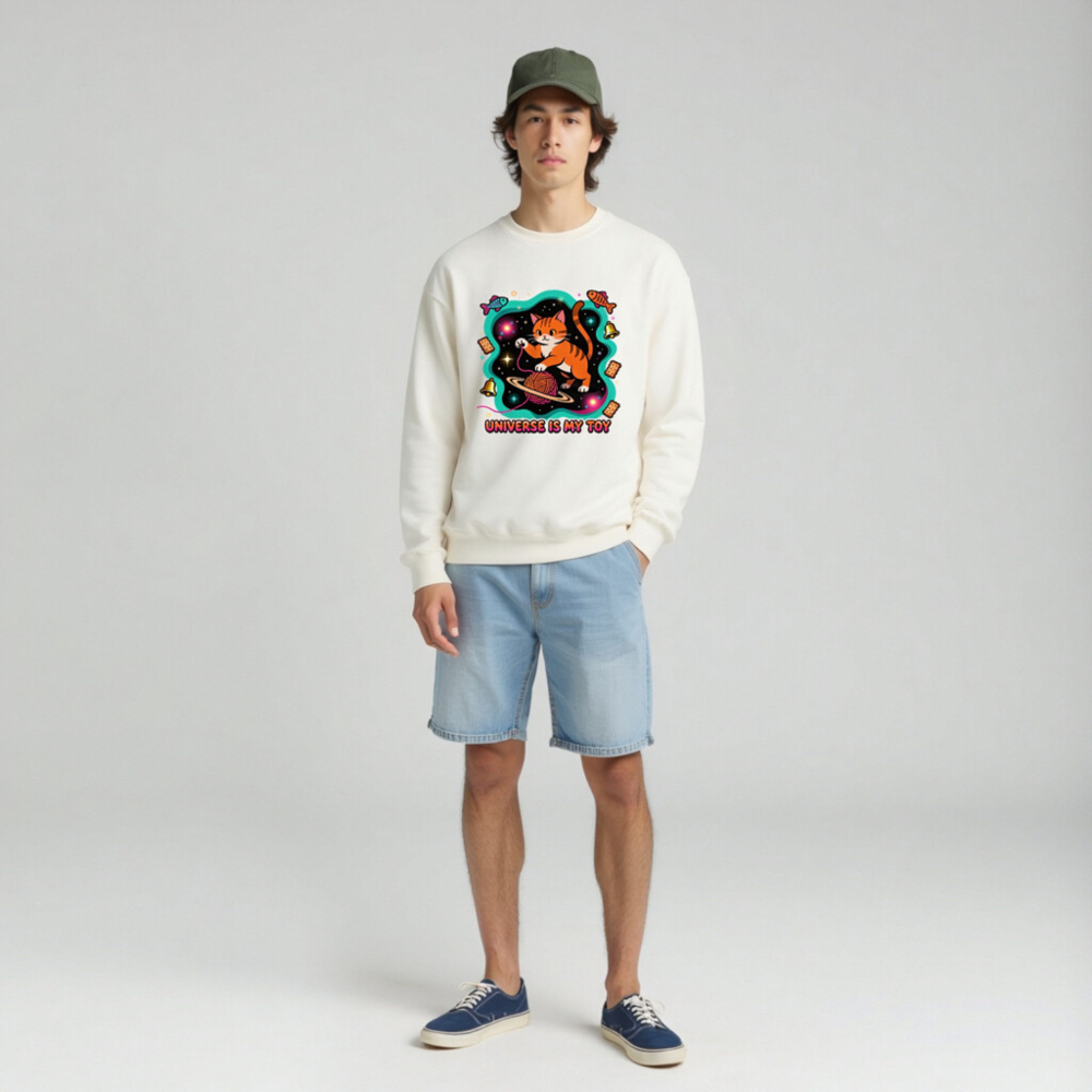 Unisex Crew Neck Sweatshirt - Universe Is My Toy Cat Design, Space Yarn Ball, Cosmic Fun - Image 3