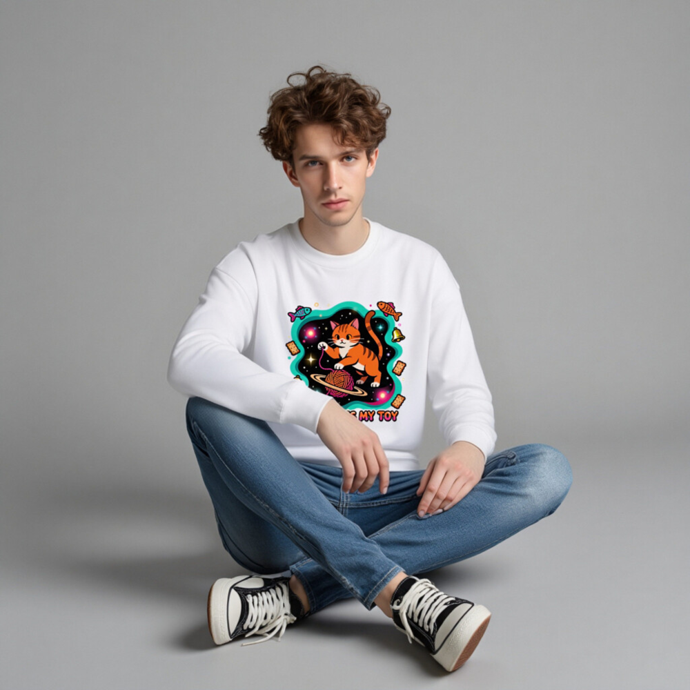 Unisex Crew Neck Sweatshirt - Universe Is My Toy Cat Design, Space Yarn Ball, Cosmic Fun - Image 4