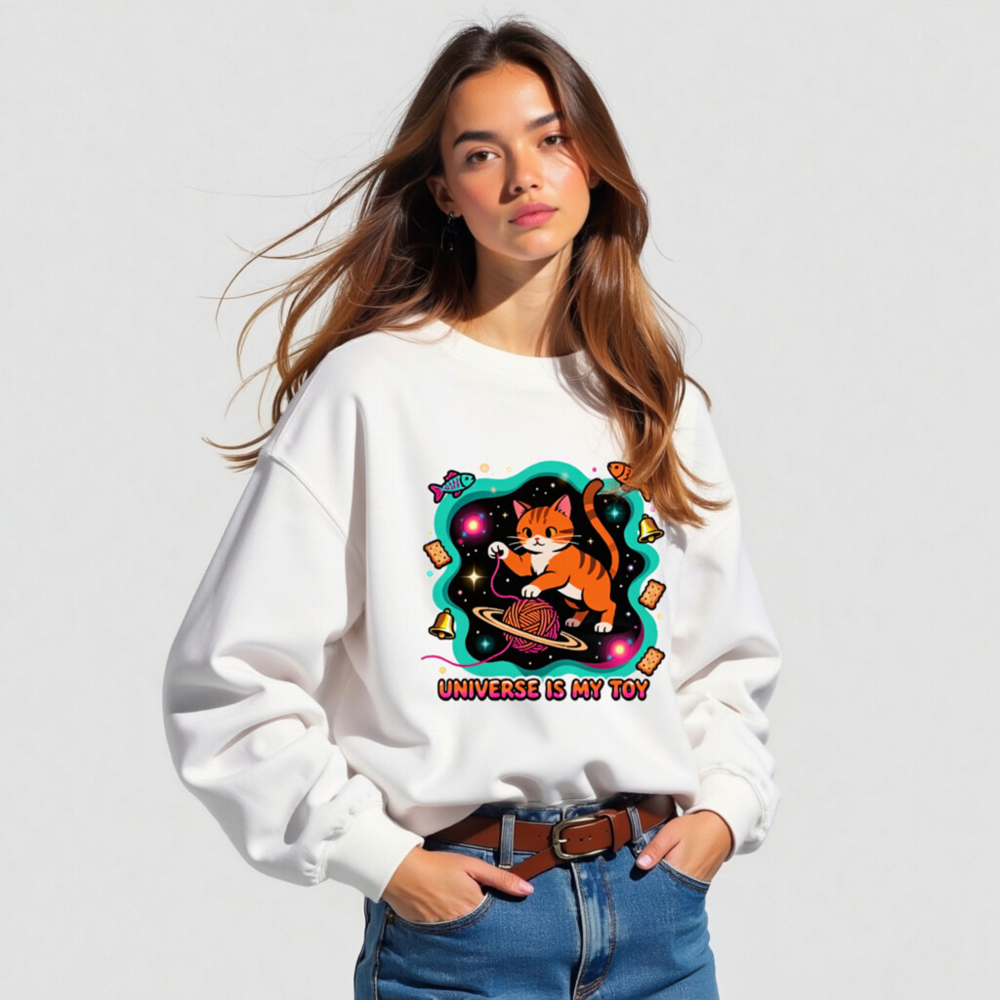 Unisex Crew Neck Sweatshirt - Universe Is My Toy Cat Design, Space Yarn Ball, Cosmic Fun - Image 5