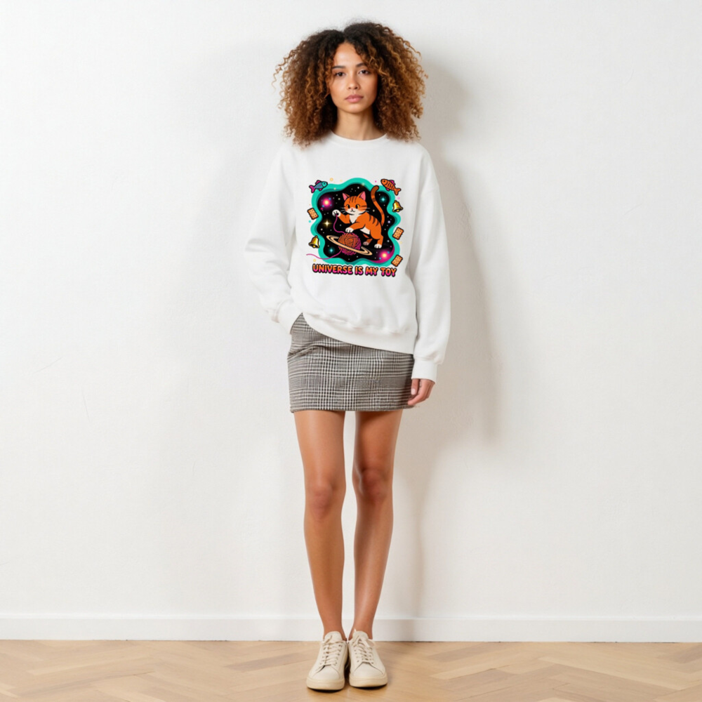 Unisex Crew Neck Sweatshirt - Universe Is My Toy Cat Design, Space Yarn Ball, Cosmic Fun - Image 6