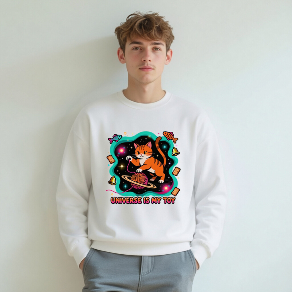 Unisex Crew Neck Sweatshirt - Universe Is My Toy Cat Design, Space Yarn Ball, Cosmic Fun - Image 7