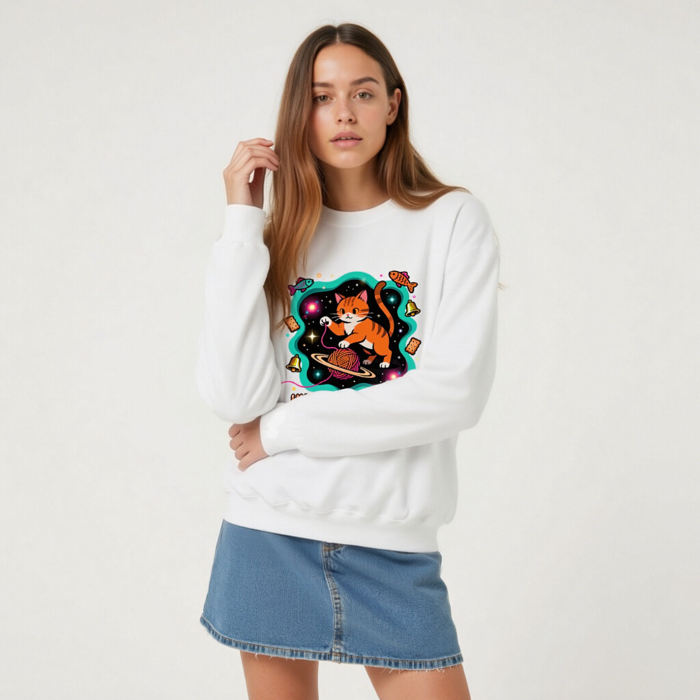 Unisex Crew Neck Sweatshirt - Universe Is My Toy Cat Design, Space Yarn Ball, Cosmic Fun - Image 8